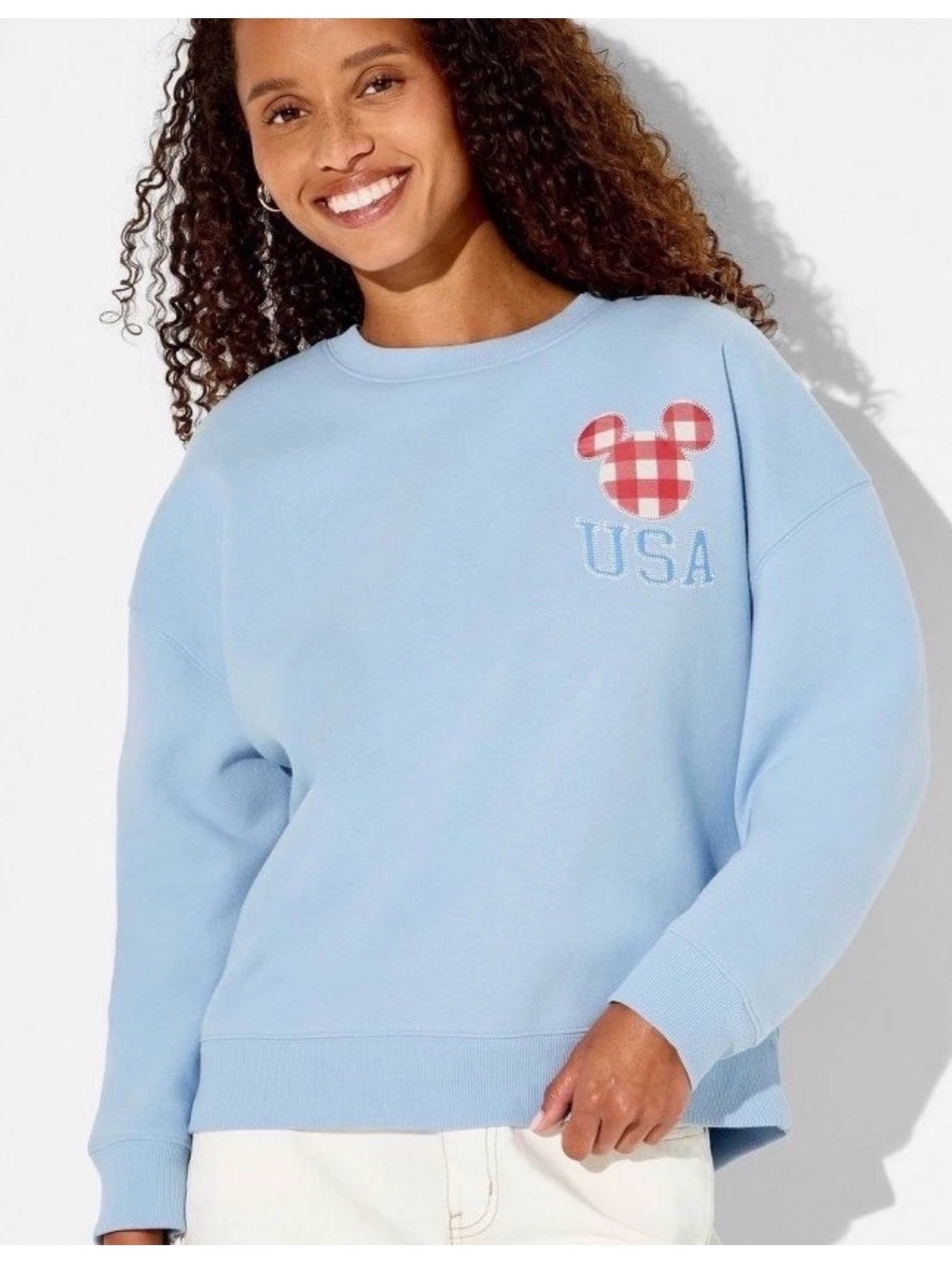 Disney Mickey Mouse Patchwork Applique Sweatshirt Blue Crewneck Size Large